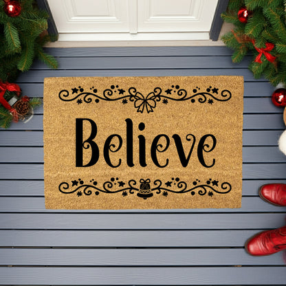 Believe in Christmas Doormat | Elegant Holiday Coir Welcome Mat with Bow & Bell Design | Festive Front Porch Décor Gift - Mallard Moon