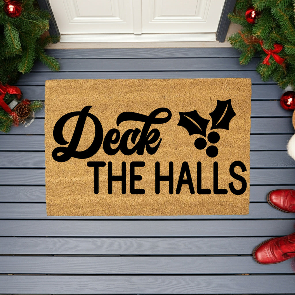 Deck the Halls Christmas Doormat | Festive Holiday Coir Welcome Mat with Holly Design | Rustic Farmhouse Front Porch Décor - Mallard Moon