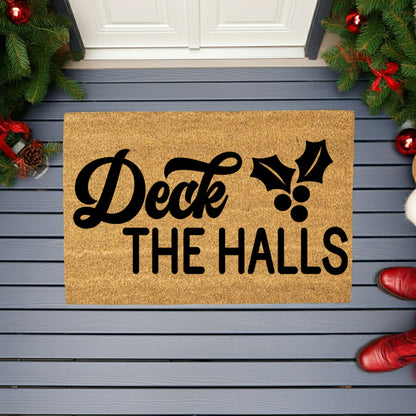 Deck the Halls Christmas Doormat | Festive Holiday Coir Welcome Mat with Holly Design | Rustic Farmhouse Front Porch Décor - Mallard Moon