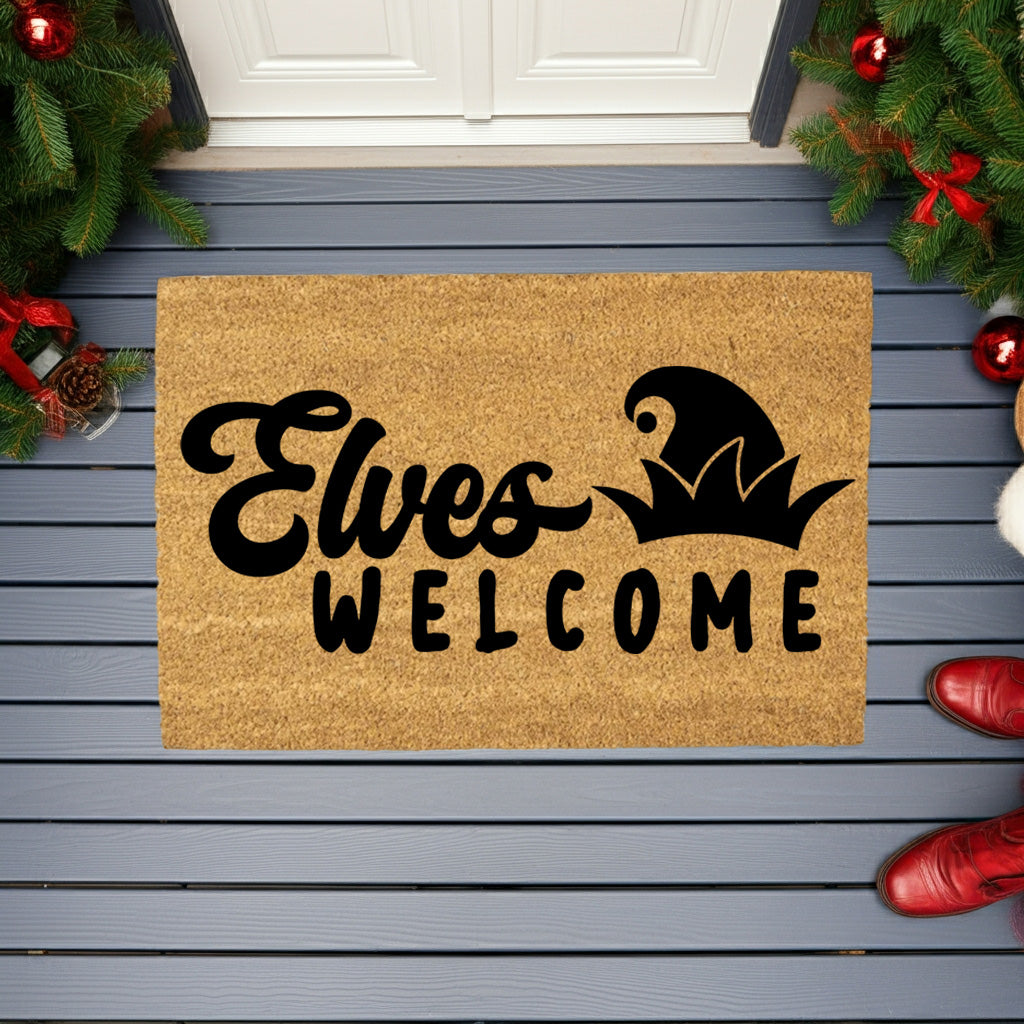 Elves Welcome Christmas Doormat | Whimsical Holiday Coir Welcome Mat with Elf Hat Design | Fun Family Front Porch Décor - Mallard Moon