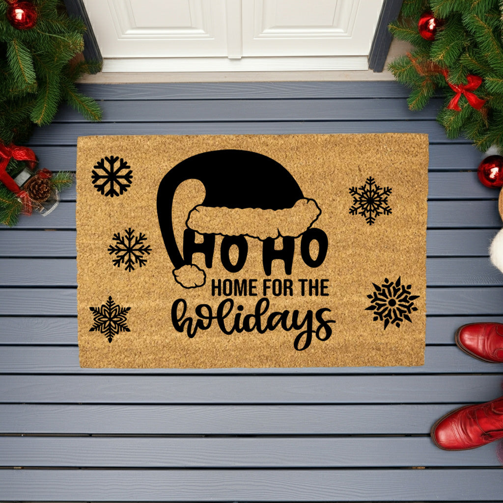 Ho Ho Home for the Holidays Christmas Doormat | Festive Santa Hat Coir Welcome Mat | Cozy Farmhouse Front Porch Décor - Mallard Moon