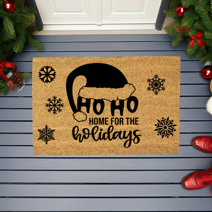 Ho Ho Home for the Holidays Christmas Doormat | Festive Santa Hat Coir Welcome Mat | Cozy Farmhouse Front Porch Décor - Mallard Moon
