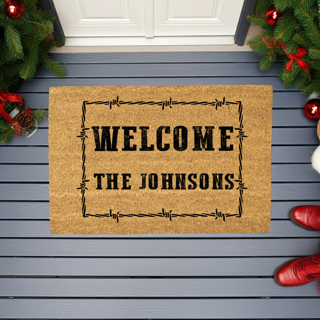 Personalized Western Welcome Doormat with Barbed Wire Frame – Custom Family Name Ranch-Style Outdoor Entrance Mat