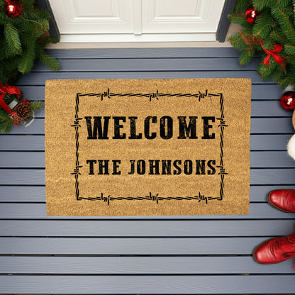 Personalized Western Welcome Doormat with Barbed Wire Frame – Custom Family Name Ranch-Style Outdoor Entrance Mat