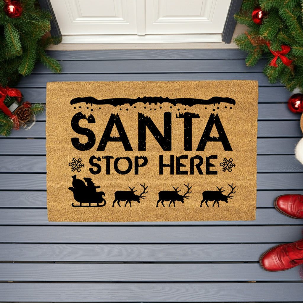 Santa, Please Stop Here Christmas Doormat | Santa Sleigh Coir Welcome Mat | Rustic Farmhouse Holiday Porch Décor - Mallard Moon