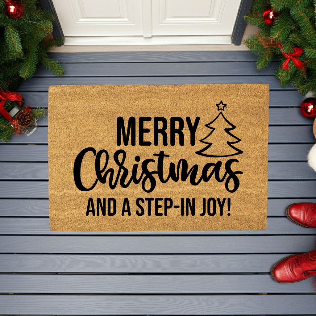 Merry Christmas and a Step-In Joy! Holiday Doormat | Funny Christmas Welcome Mat | Rustic Farmhouse Coir Porch Décor - Mallard Moon