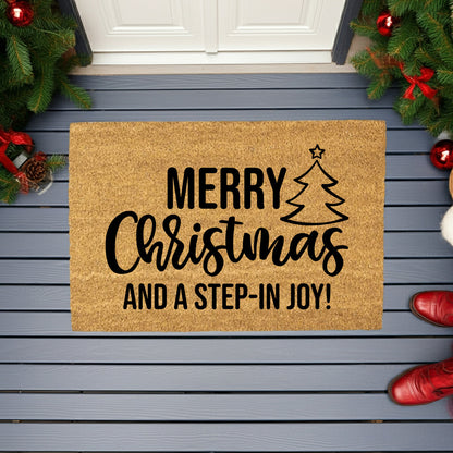 Merry Christmas and a Step-In Joy! Holiday Doormat | Funny Christmas Welcome Mat | Rustic Farmhouse Coir Porch Décor - Mallard Moon