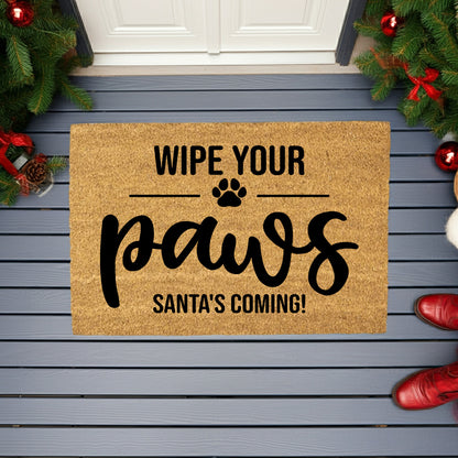 Wipe Your Paws – Santa’s Coming! Christmas Doormat | Funny Pet Holiday Welcome Mat | Rustic Farmhouse Dog Lover Porch Décor - Mallard Moon
