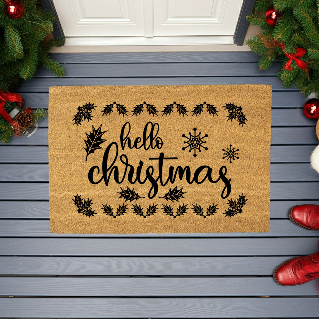 Hello Christmas Doormat – Holiday Outdoor Coir Mat Winter Décor - Mallard Moon