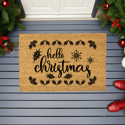 Hello Christmas Doormat – Holiday Outdoor Coir Mat Winter Décor - Mallard Moon
