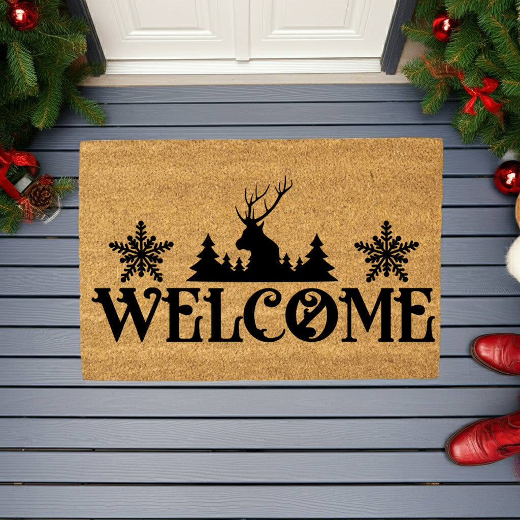 Rustic Reindeer “Welcome” Doormat | Winter Lodge Coir Welcome Mat with Snowflakes | Holiday Front Porch Décor - Mallard Moon