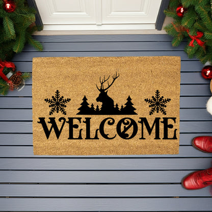 Rustic Reindeer “Welcome” Doormat | Winter Lodge Coir Welcome Mat with Snowflakes | Holiday Front Porch Décor - Mallard Moon