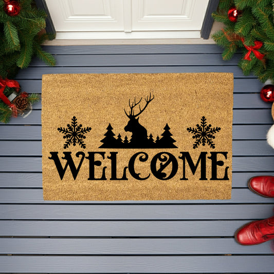 Rustic Reindeer “Welcome” Doormat | Winter Lodge Coir Welcome Mat with Snowflakes | Holiday Front Porch Décor - Mallard Moon