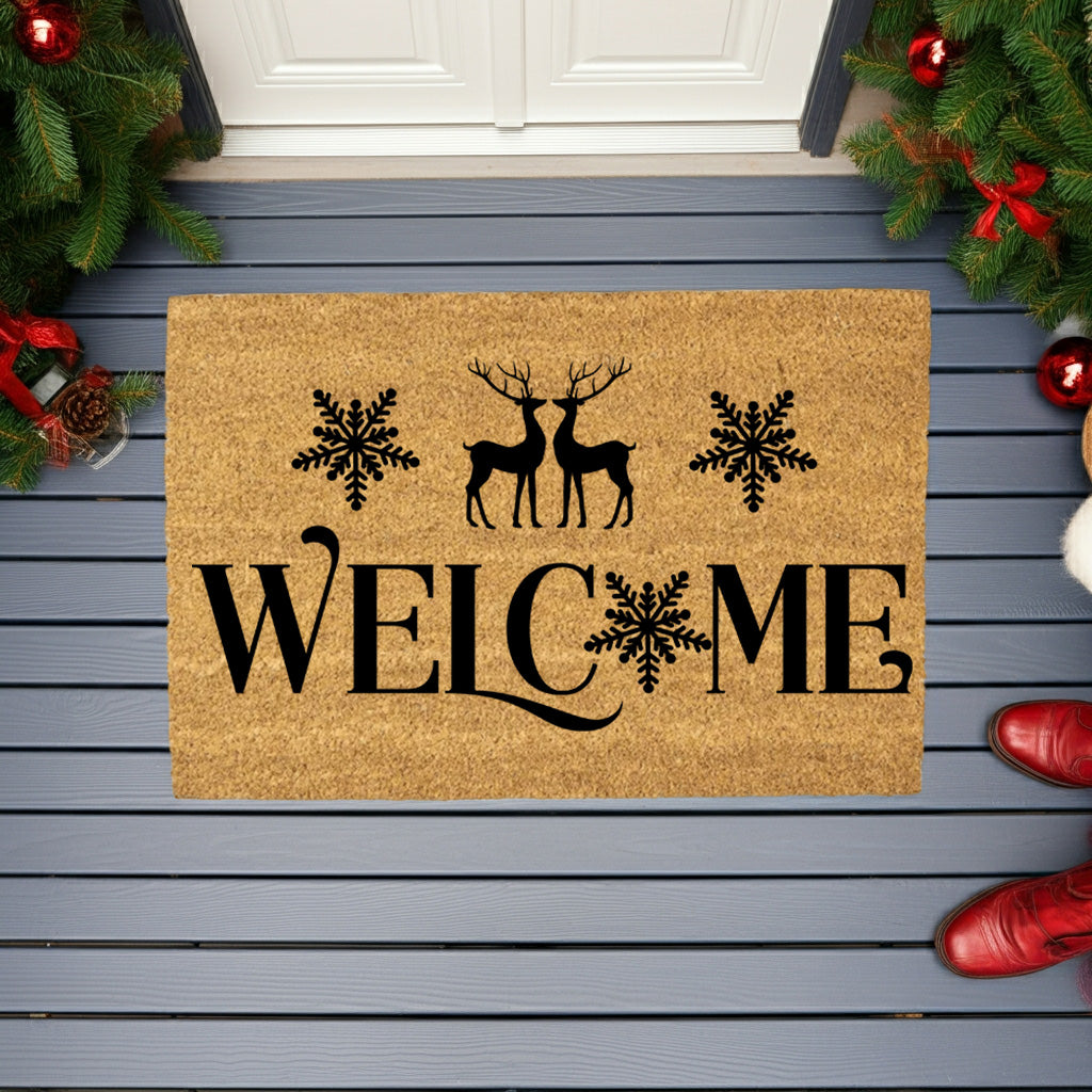 Winter Reindeer “Welcome” Doormat | Elegant Snowflake Coir Welcome Mat | Rustic Christmas Front Porch Décor - Mallard Moon