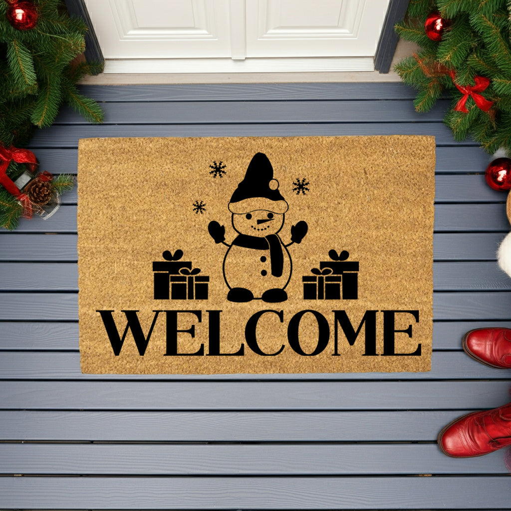 Snowman “Welcome” Doormat | Festive Coir Christmas Welcome Mat with Gifts and Snowflakes | Holiday Front Porch Décor - Mallard Moon