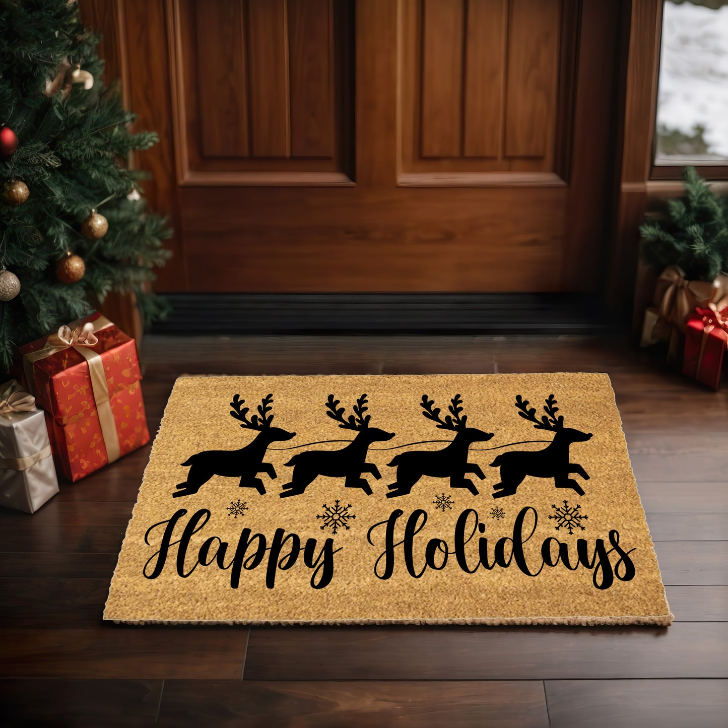 Happy Holidays Reindeer Doormat – Christmas Outdoor Coir Mat Décor - Mallard Moon
