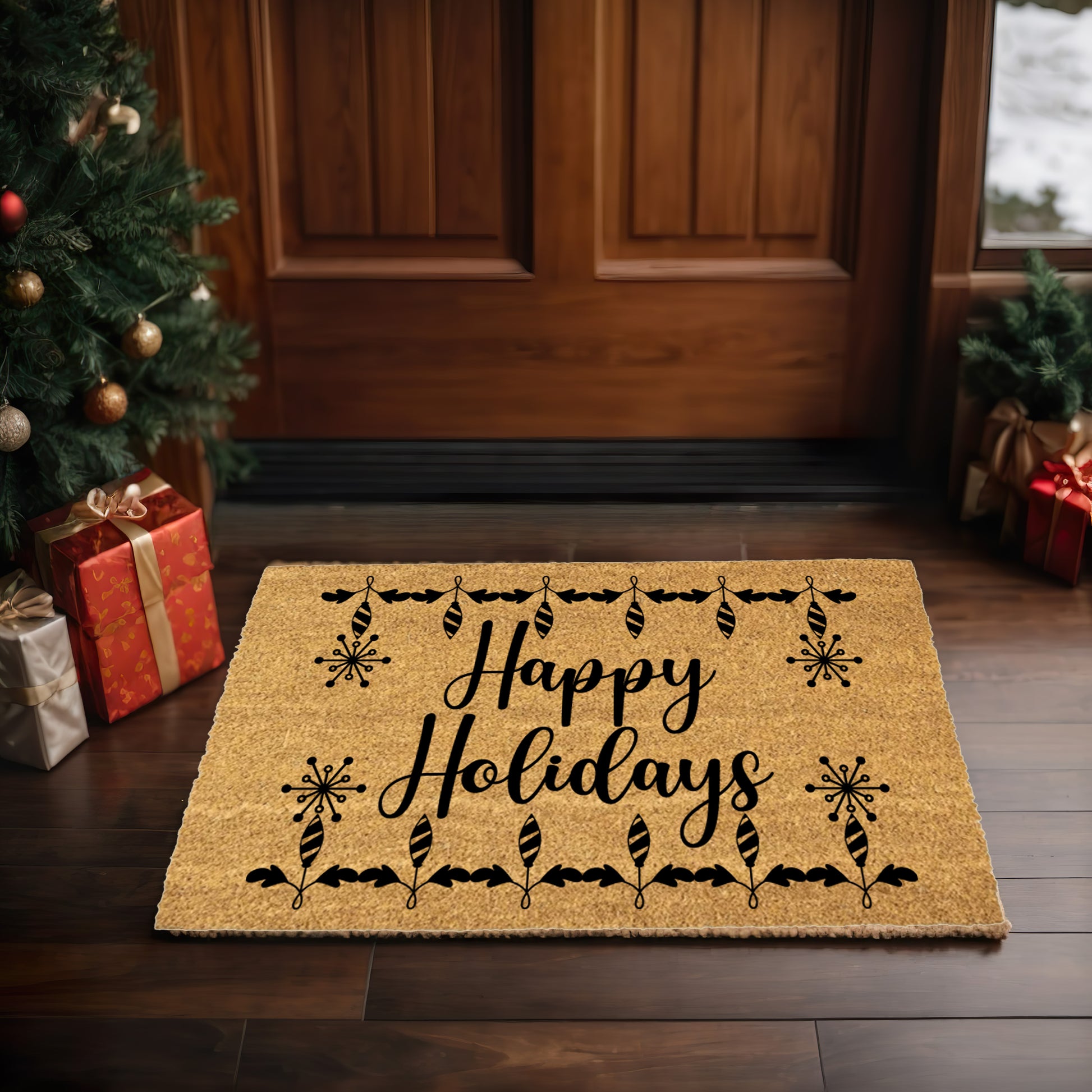 Happy Holidays Christmas Doormat | Festive Coir Welcome Mat with Ornaments & Snowflakes | Holiday Front Porch Décor Gift - Mallard Moon