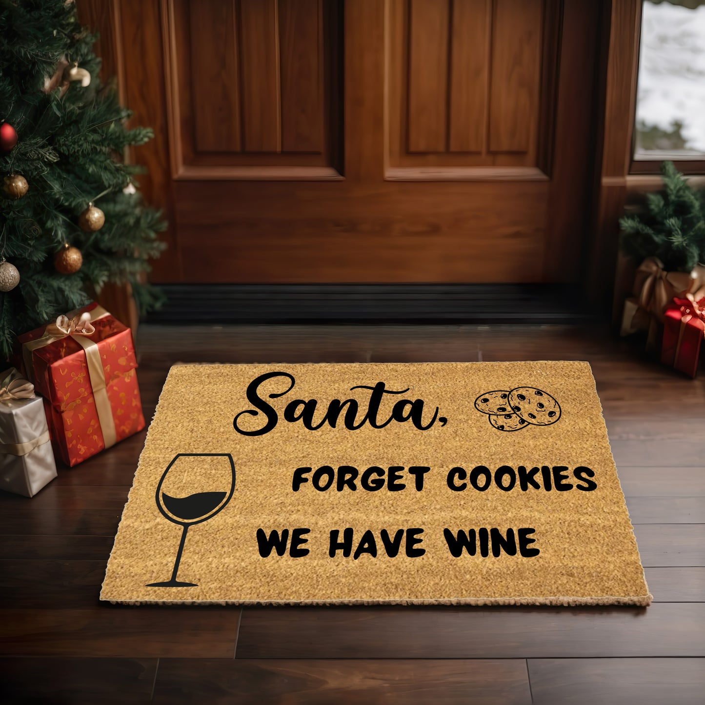 Santa Forget Cookies We Have Wine Funny Christmas Doormat – Holiday Front Porch Welcome Mat, Rustic Coir Entry Rug for Wine Lovers - Mallard Moon