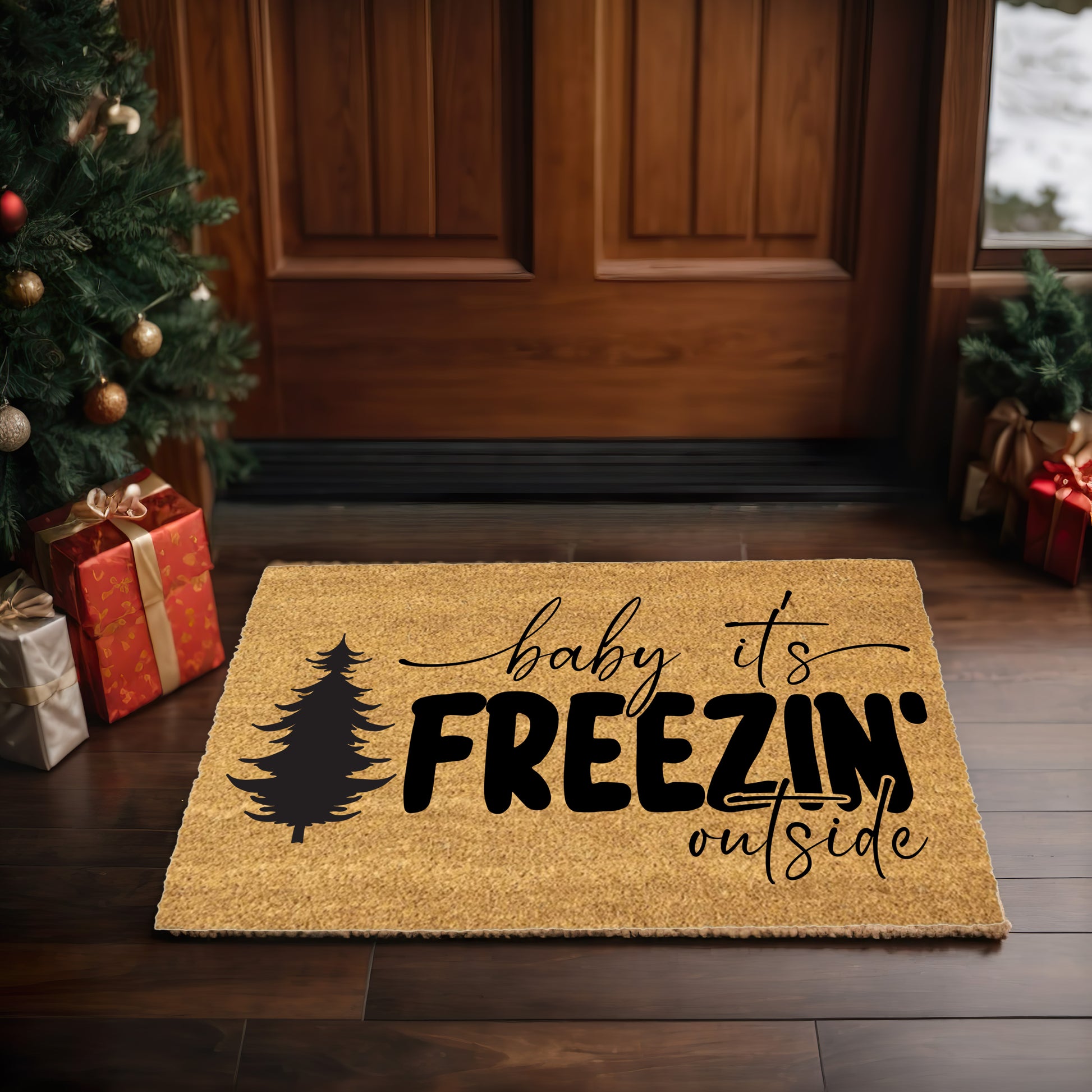 Winter Doormat - Baby It’s Freezin’ Outside | Funny Holiday Coir Welcome Mat | Rustic Front Porch Winter Décor - Mallard Moon