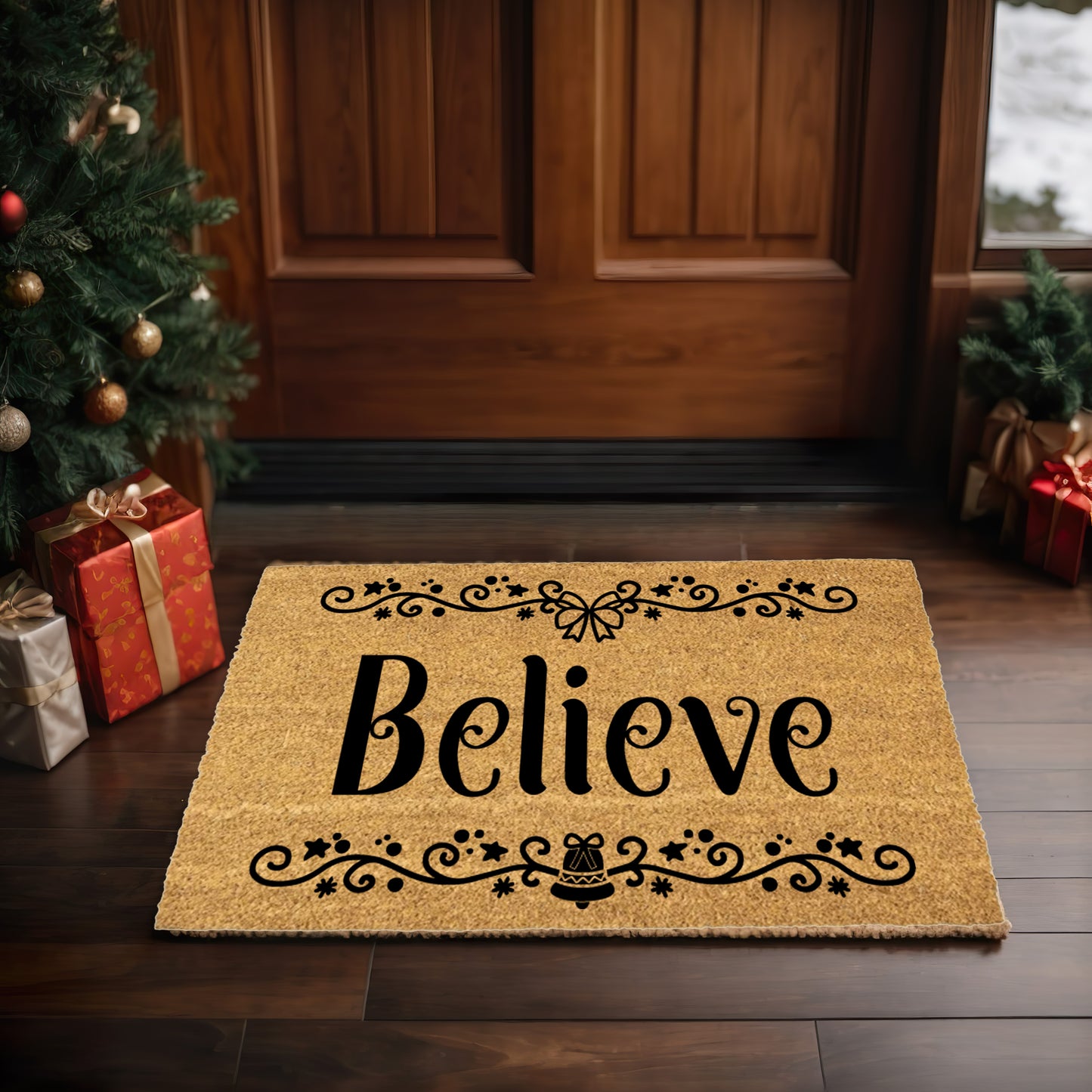 Believe in Christmas Doormat | Elegant Holiday Coir Welcome Mat with Bow & Bell Design | Festive Front Porch Décor Gift - Mallard Moon