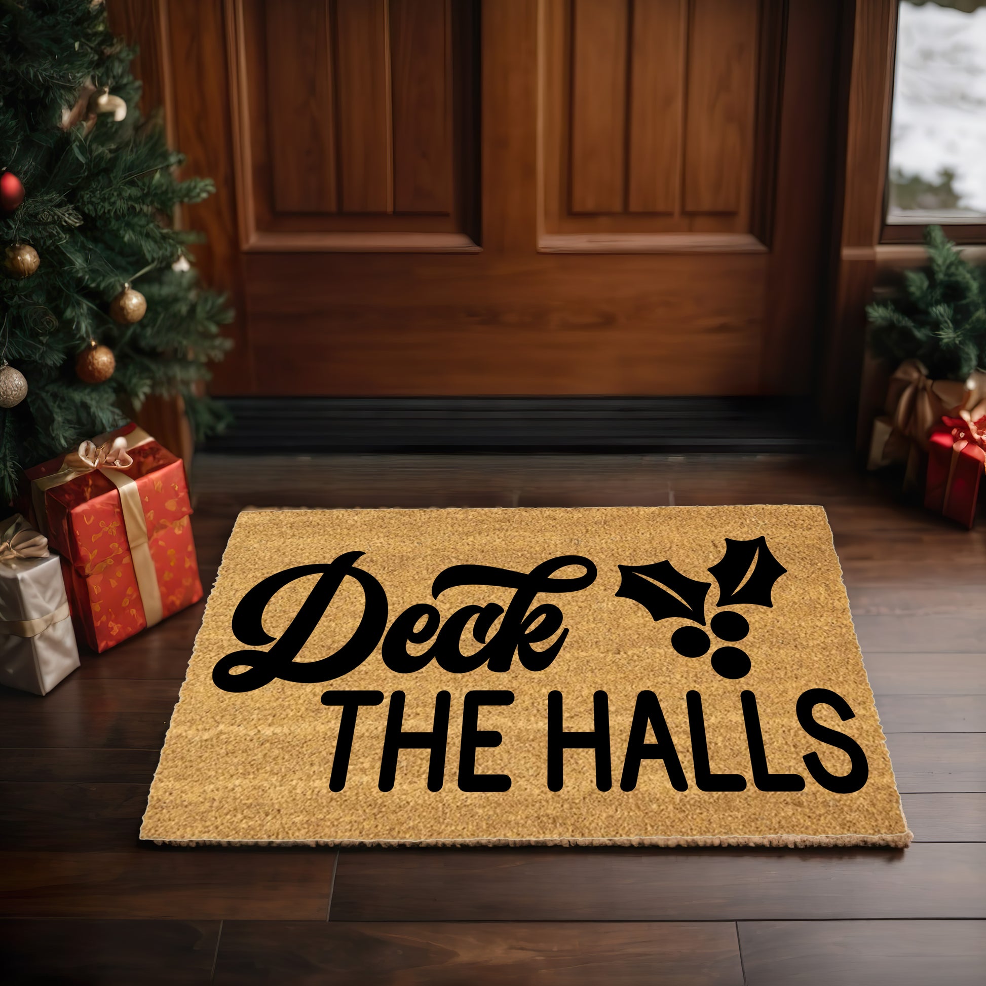 Deck the Halls Christmas Doormat | Festive Holiday Coir Welcome Mat with Holly Design | Rustic Farmhouse Front Porch Décor - Mallard Moon