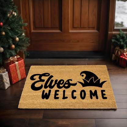 Elves Welcome Christmas Doormat | Whimsical Holiday Coir Welcome Mat with Elf Hat Design | Fun Family Front Porch Décor - Mallard Moon