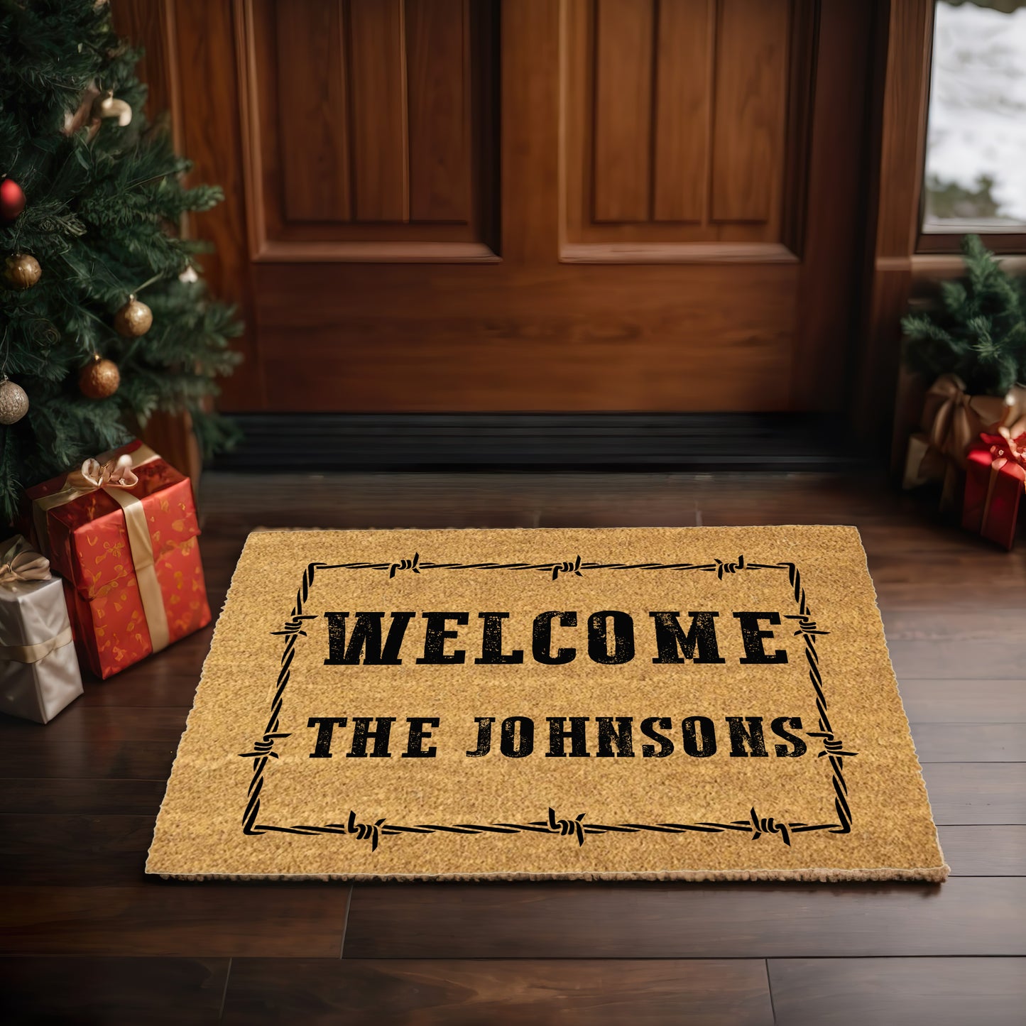 Personalized Western Welcome Doormat with Barbed Wire Frame – Custom Family Name Ranch-Style Outdoor Entrance Mat