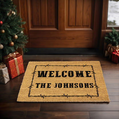 Personalized Western Welcome Doormat with Barbed Wire Frame – Custom Family Name Ranch-Style Outdoor Entrance Mat