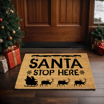 Santa, Please Stop Here Christmas Doormat | Santa Sleigh Coir Welcome Mat | Rustic Farmhouse Holiday Porch Décor - Mallard Moon