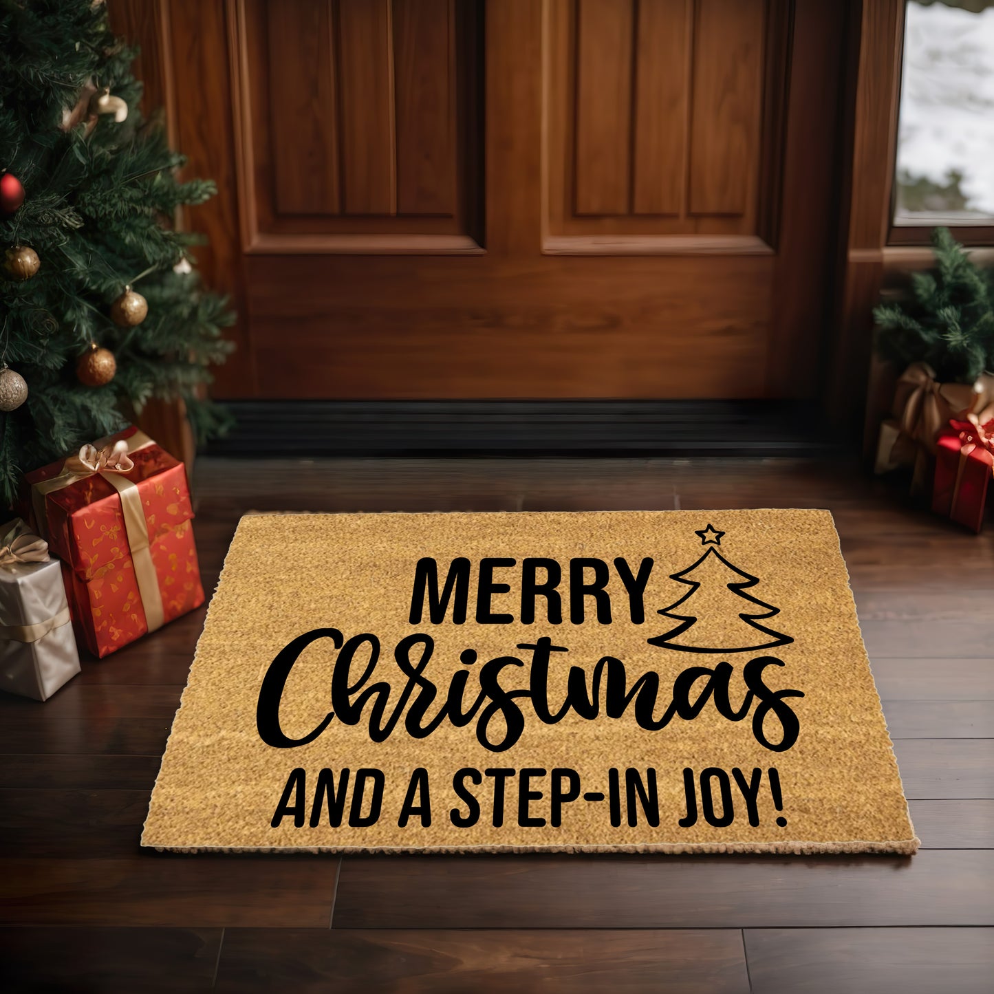 Merry Christmas and a Step-In Joy! Holiday Doormat | Funny Christmas Welcome Mat | Rustic Farmhouse Coir Porch Décor - Mallard Moon