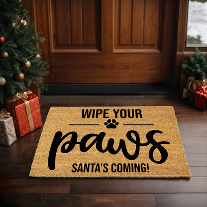 Wipe Your Paws – Santa’s Coming! Christmas Doormat | Funny Pet Holiday Welcome Mat | Rustic Farmhouse Dog Lover Porch Décor - Mallard Moon