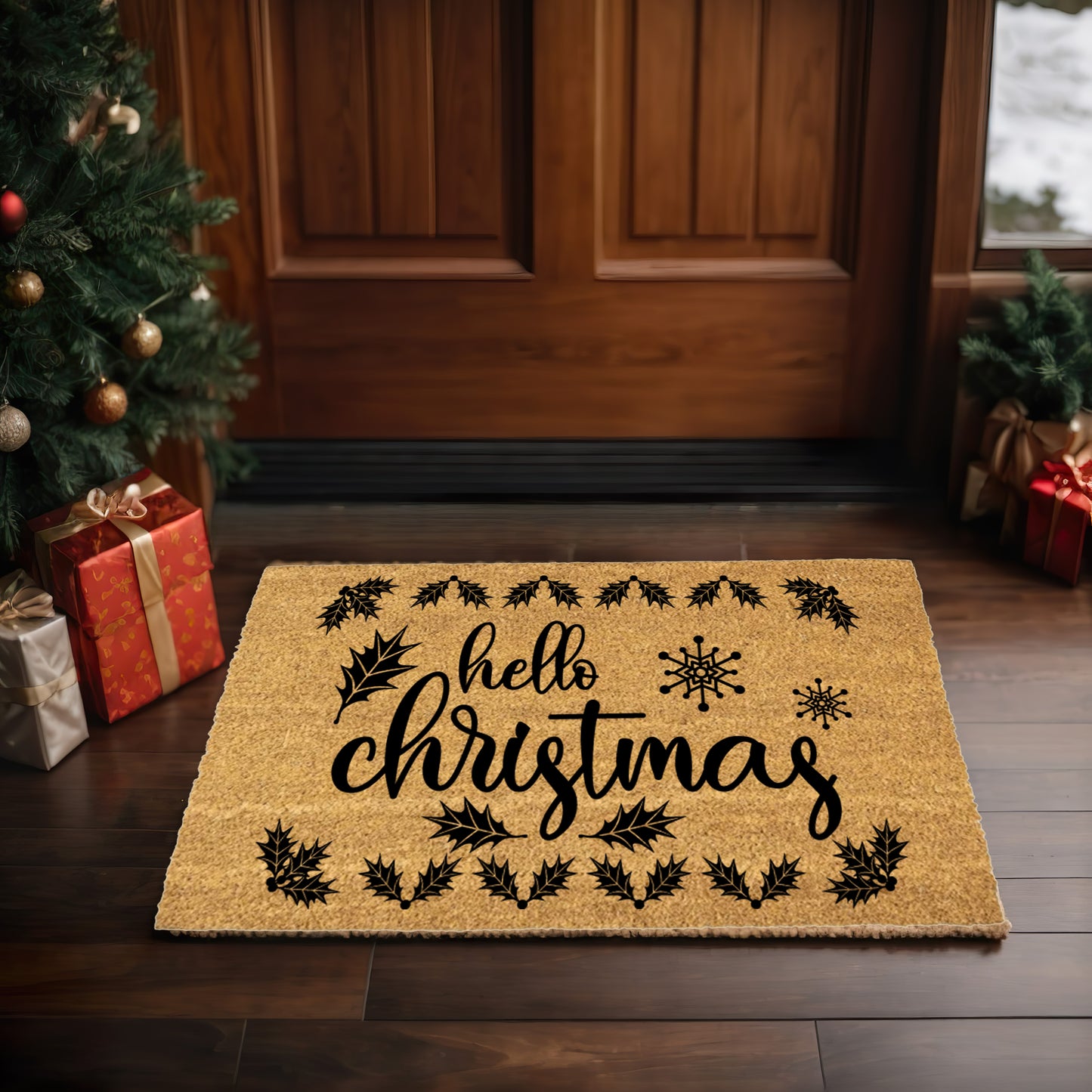 Hello Christmas Doormat – Holiday Outdoor Coir Mat Winter Décor - Mallard Moon