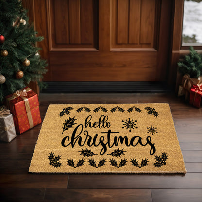 Hello Christmas Doormat – Holiday Outdoor Coir Mat Winter Décor - Mallard Moon