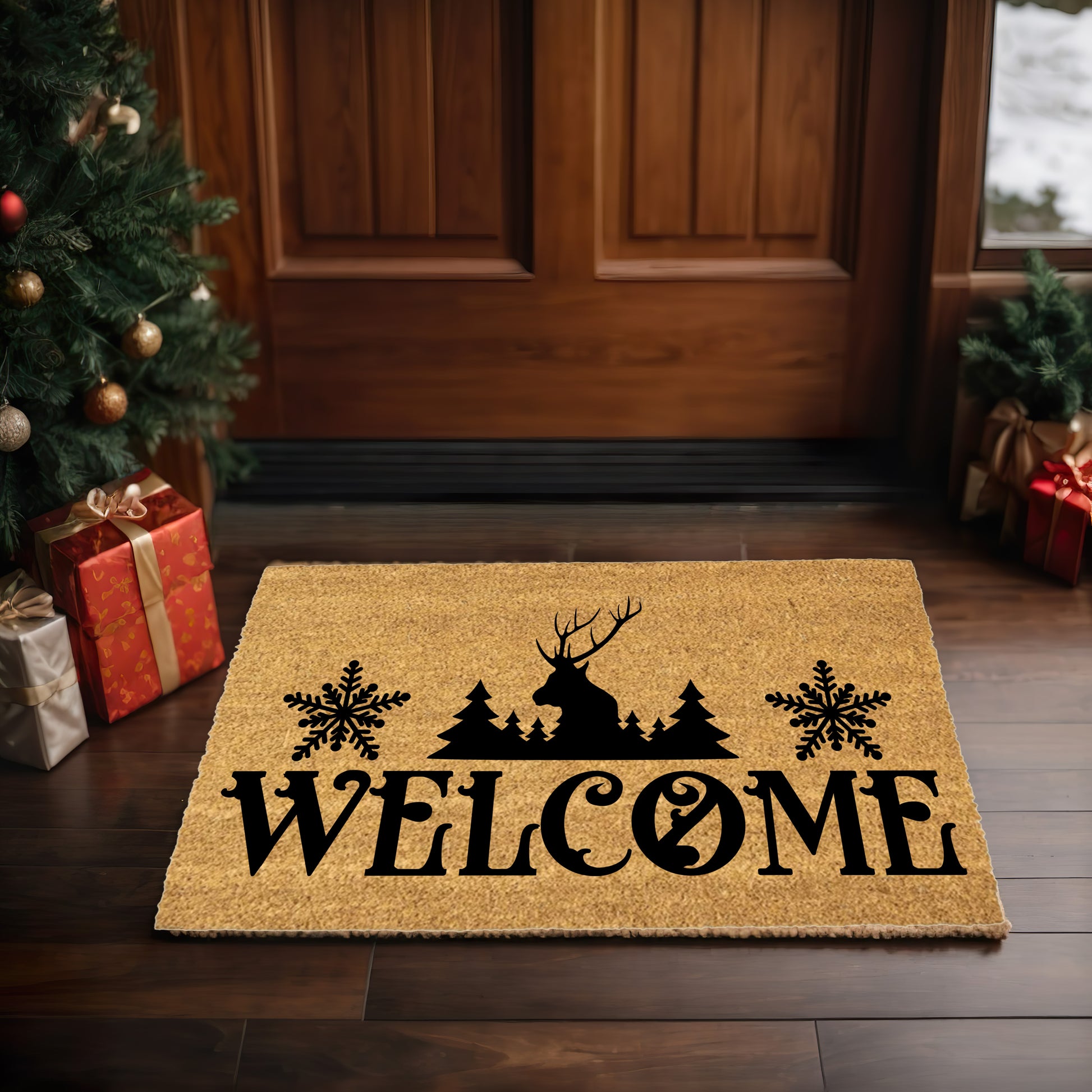 Rustic Reindeer “Welcome” Doormat | Winter Lodge Coir Welcome Mat with Snowflakes | Holiday Front Porch Décor - Mallard Moon