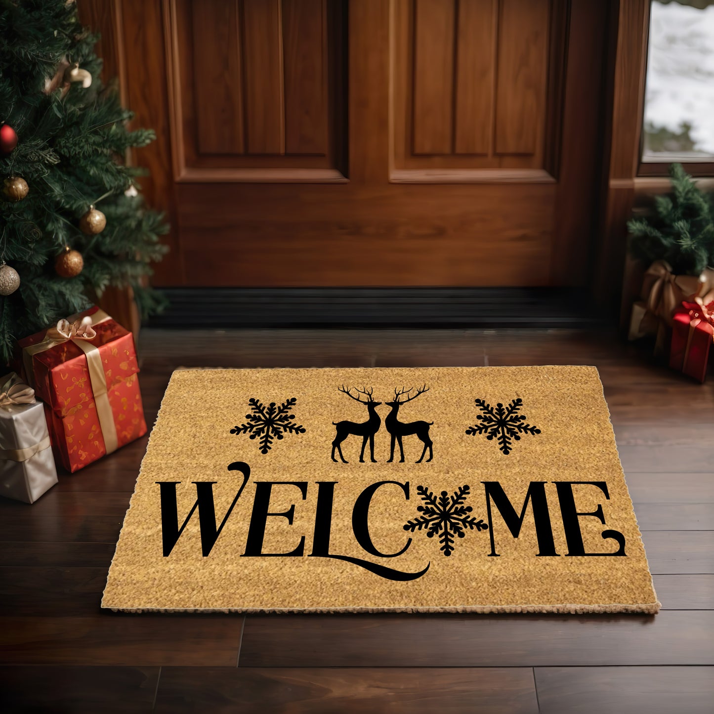 Winter Reindeer “Welcome” Doormat | Elegant Snowflake Coir Welcome Mat | Rustic Christmas Front Porch Décor - Mallard Moon