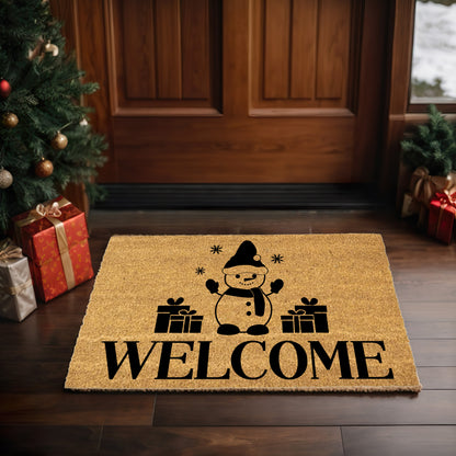 Snowman “Welcome” Doormat | Festive Coir Christmas Welcome Mat with Gifts and Snowflakes | Holiday Front Porch Décor - Mallard Moon