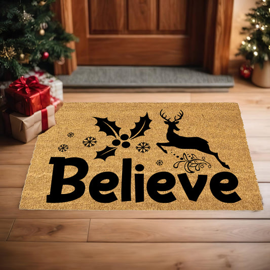 Believe Reindeer & Holly Doormat – Christmas Outdoor Coir Mat Décor - Mallard Moon