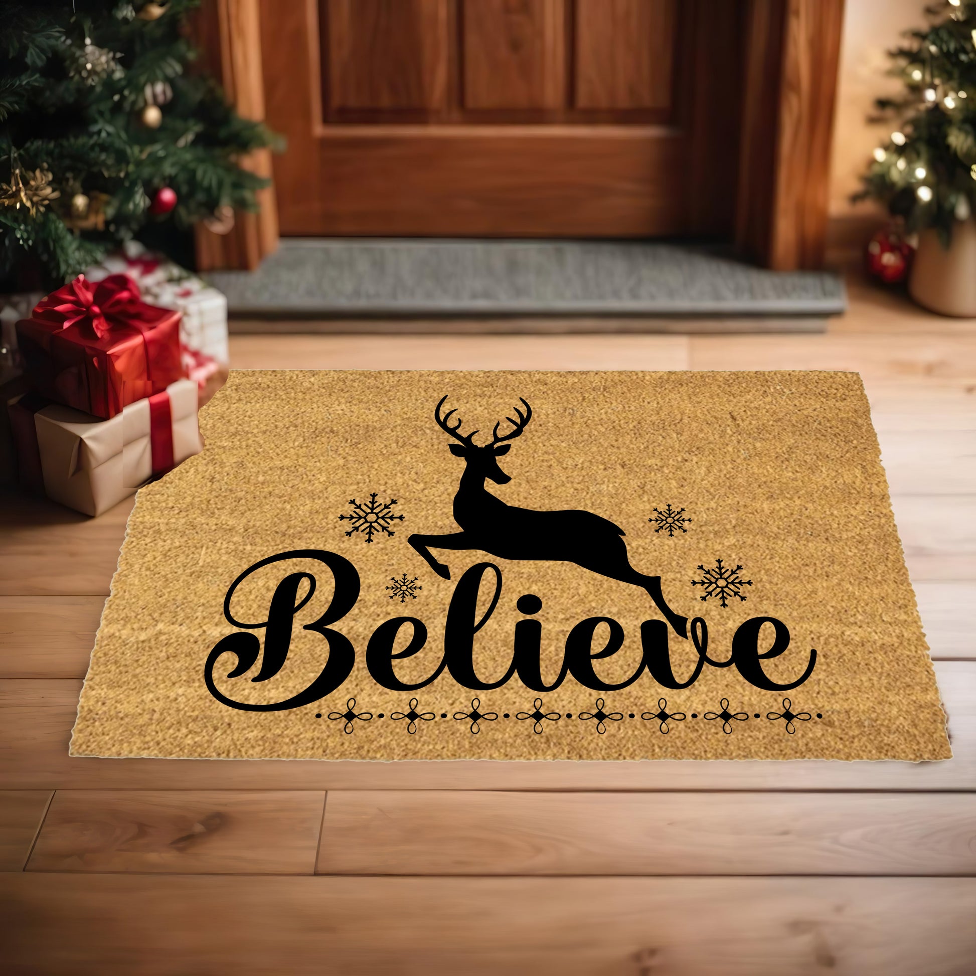 Believe Reindeer Doormat – Christmas Outdoor Coir Mat Holiday Décor - Mallard Moon