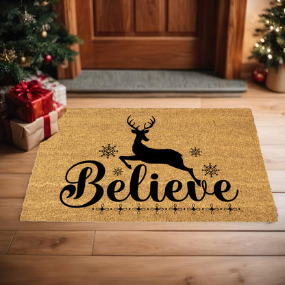 Believe Reindeer Doormat – Christmas Outdoor Coir Mat Holiday Décor - Mallard Moon