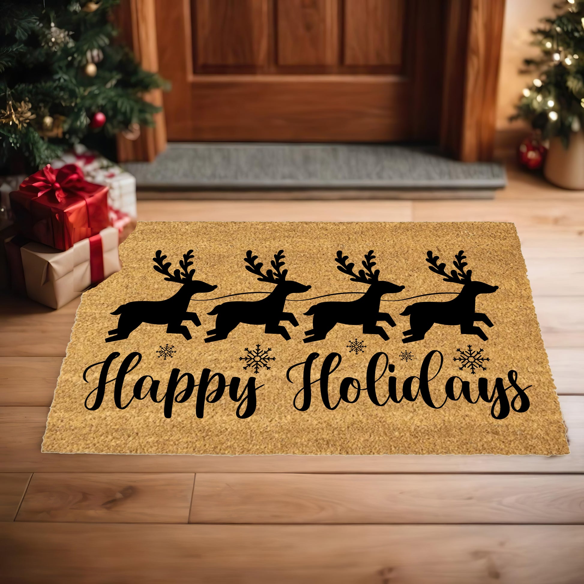 Happy Holidays Reindeer Doormat – Christmas Outdoor Coir Mat Décor - Mallard Moon