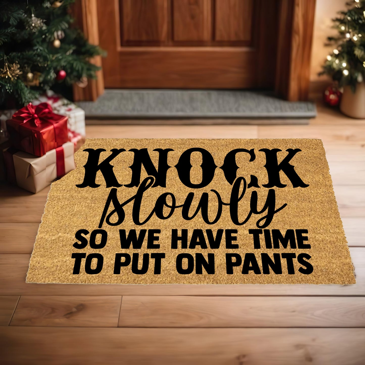 Funny Doormat – “Knock Slowly So We Have Time to Put On Pants” | Humor Coir Welcome Mat | Hilarious Gift for Couples, Roommates & Families - Mallard Moon