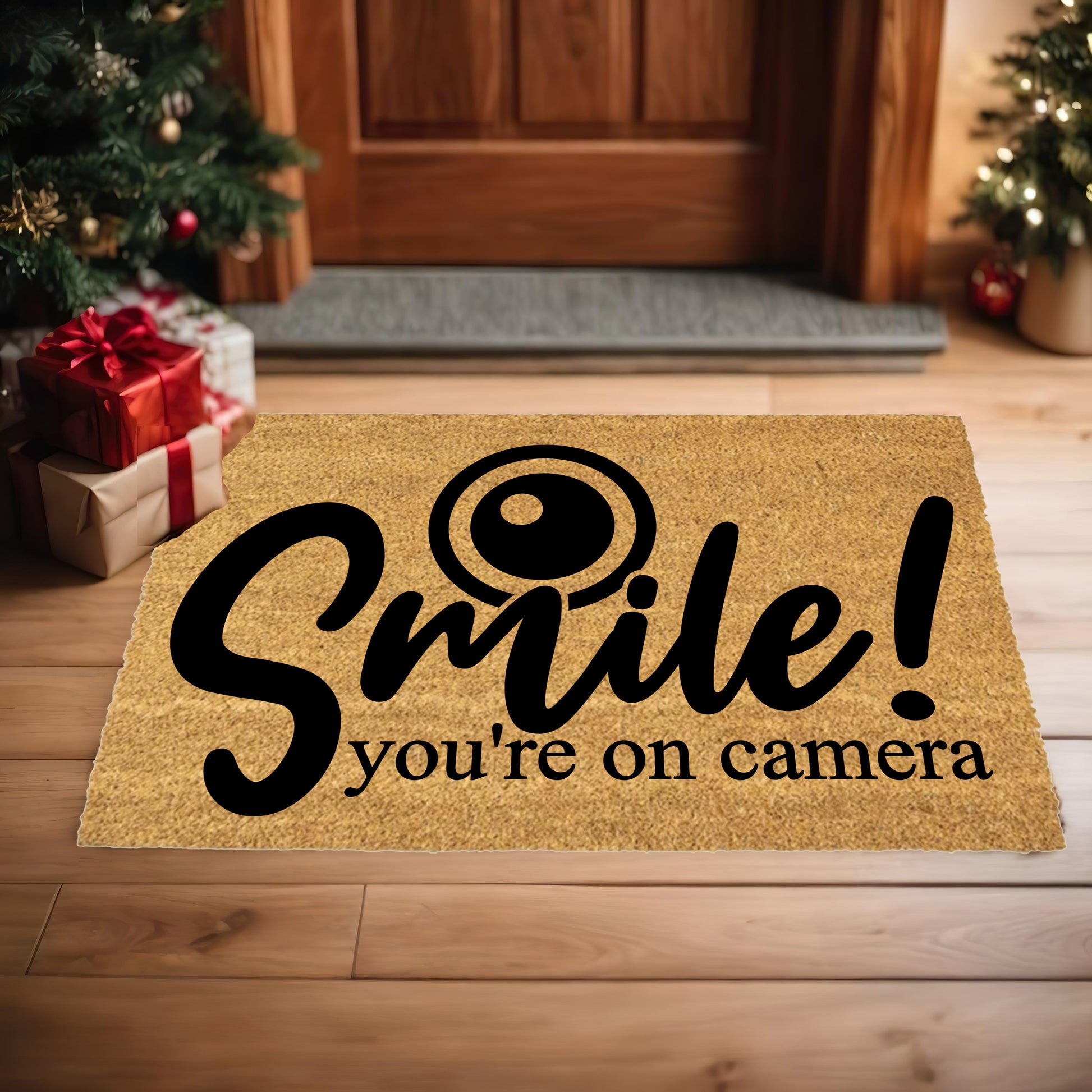 “Smile! You’re on Camera” Funny Security Doormat | Coir Welcome Mat for Home Surveillance | Humorous Front Porch Décor - Mallard Moon