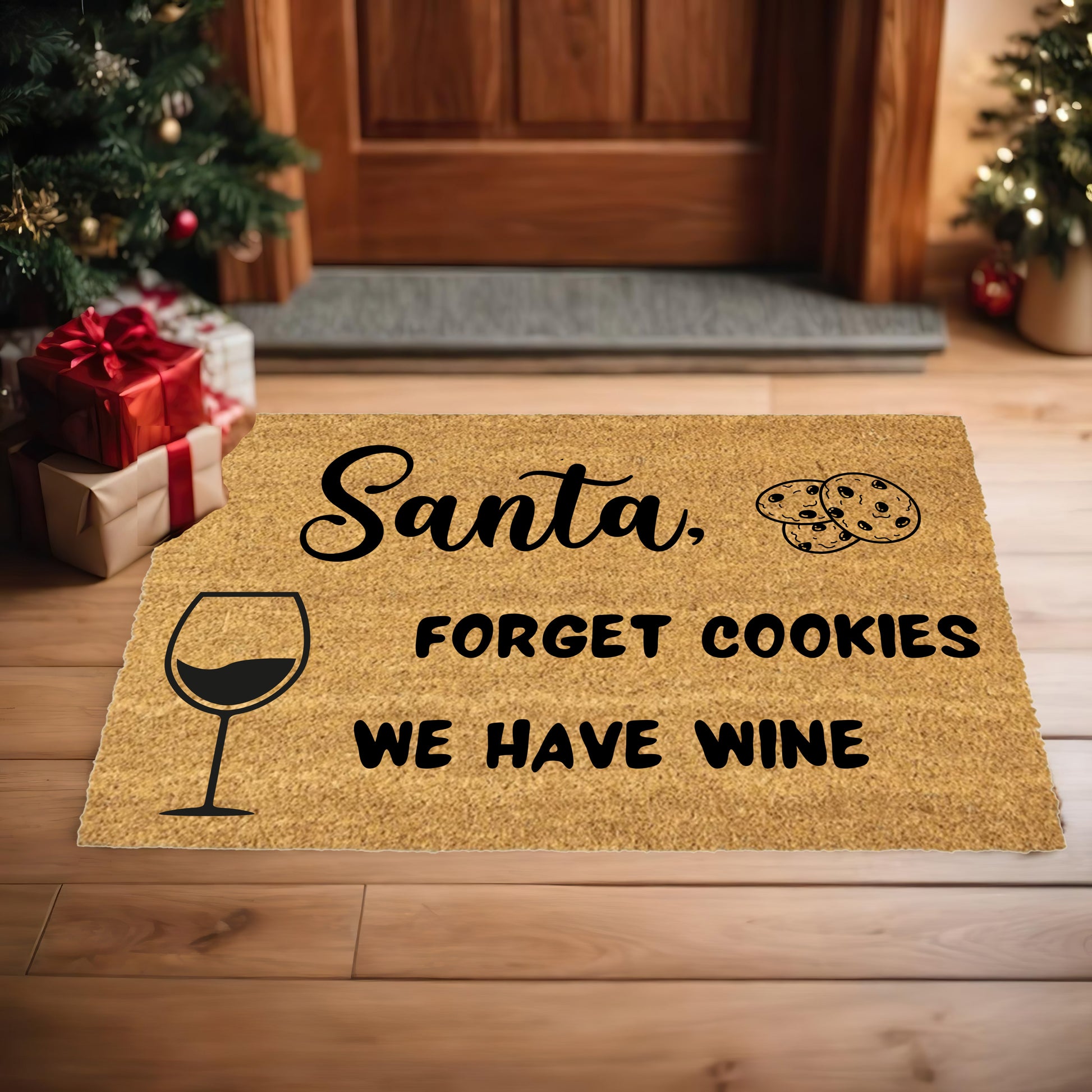 Santa Forget Cookies We Have Wine Funny Christmas Doormat – Holiday Front Porch Welcome Mat, Rustic Coir Entry Rug for Wine Lovers - Mallard Moon