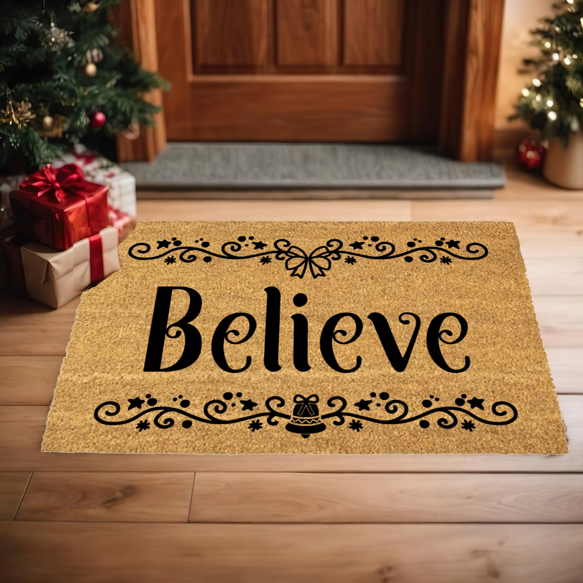 Believe in Christmas Doormat | Elegant Holiday Coir Welcome Mat with Bow & Bell Design | Festive Front Porch Décor Gift - Mallard Moon