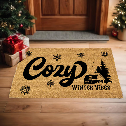 Cozy Winter Vibes Doormat | Rustic Cabin Snowflake Coir Welcome Mat | Warm & Inviting Winter Home Décor Gift - Mallard Moon