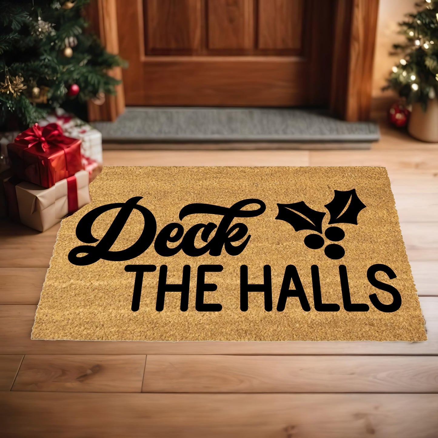 Deck the Halls Christmas Doormat | Festive Holiday Coir Welcome Mat with Holly Design | Rustic Farmhouse Front Porch Décor - Mallard Moon
