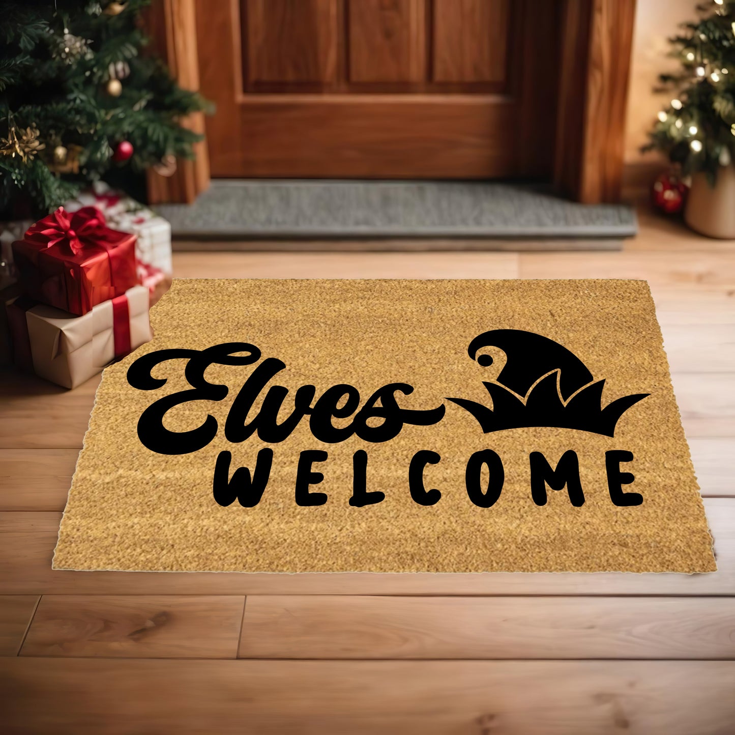 Elves Welcome Christmas Doormat | Whimsical Holiday Coir Welcome Mat with Elf Hat Design | Fun Family Front Porch Décor - Mallard Moon