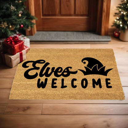Elves Welcome Christmas Doormat | Whimsical Holiday Coir Welcome Mat with Elf Hat Design | Fun Family Front Porch Décor - Mallard Moon