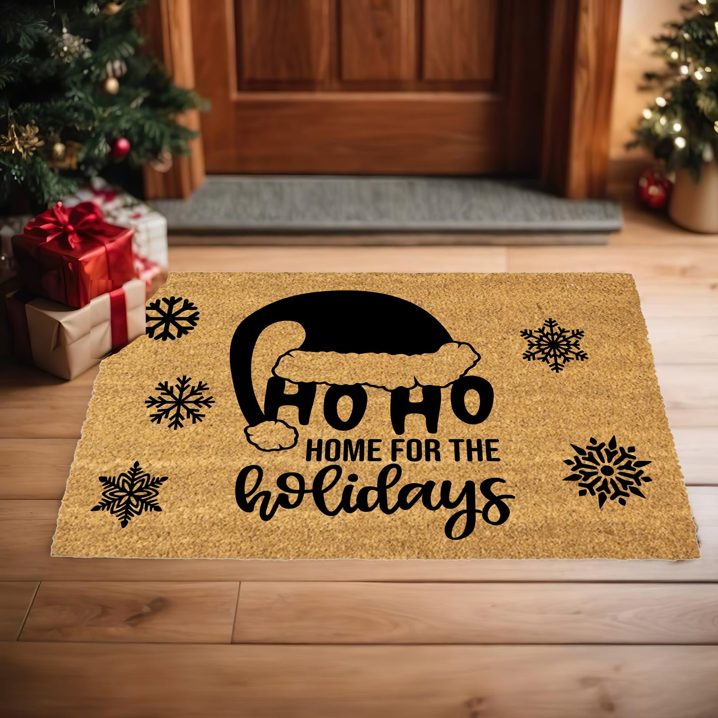 Ho Ho Home for the Holidays Christmas Doormat | Festive Santa Hat Coir Welcome Mat | Cozy Farmhouse Front Porch Décor - Mallard Moon