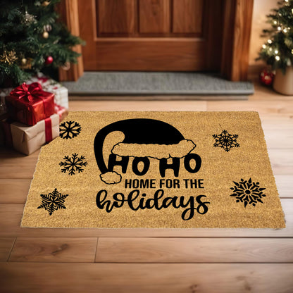 Ho Ho Home for the Holidays Christmas Doormat | Festive Santa Hat Coir Welcome Mat | Cozy Farmhouse Front Porch Décor - Mallard Moon